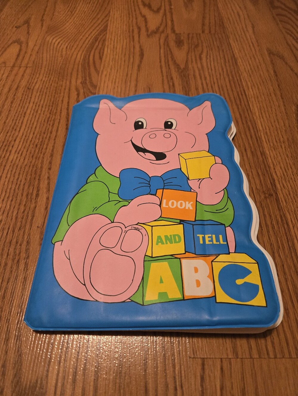 Vintage Vinyl Kids Book "Look and Tell ABC" Pig Bubble Book Waterproof Soft 1989